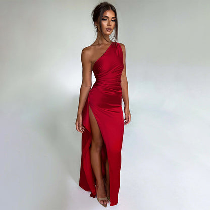 Satin evening dress with slit